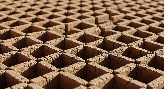 A repeating pattern of square mud bricks arranged in a grid, showing dry, cracked textures and earth-toned colors under natural sunlight with deep shadows
