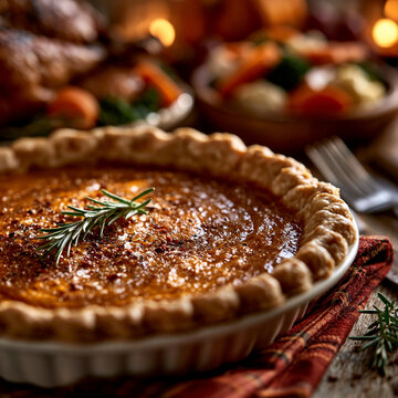 Fresh baked golden pumpkin pie with flaky crust garnished with rosemary sprig on holiday table