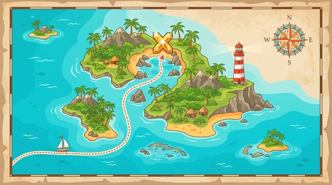 Tropical island adventure map with ocean routes, compass, lighthouse, hidden cove and destination markers in a vibrant flat design illustration.