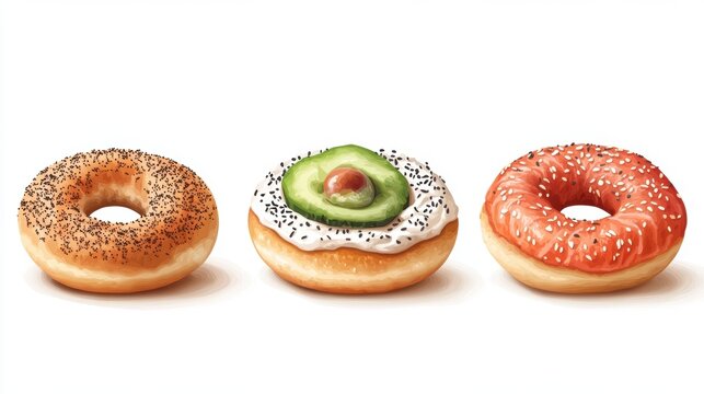 Fresh bagels,smoked salmon bagel ,cream cheese bagel,avocadobagel,sesame,menu,banner,branding,Bakery brunch time,healthy food,wellness care concept.
