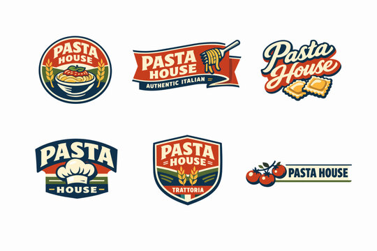 Pasta house restaurant logos collection featuring italian food concepts, chef hat, spaghetti, ravioli, and cherry tomatoes