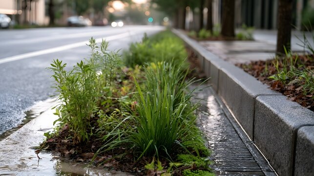 Fresh green plants grow in a wet urban roadside garden beside a concrete curb with blurred city street in background
