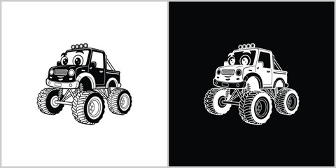 Cute Cartoon Monster Truck Character Icon in Black and White Versions © nizar