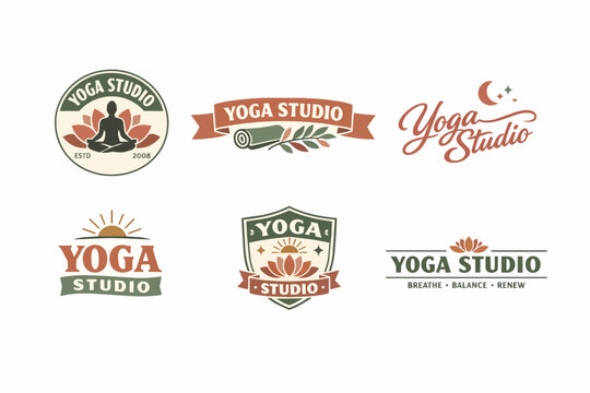 Yoga studio logos collection in vintage style, creating emblems for wellness, meditation, and healthy lifestyle