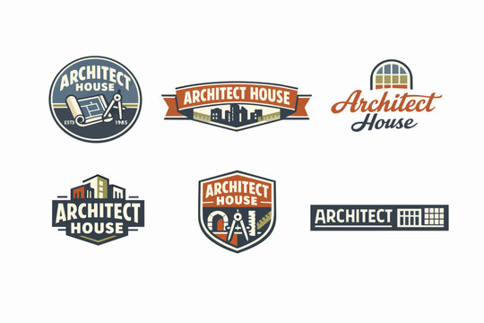 Architect house construction company branding emblems set with building blueprints and engineering tools