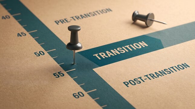 Pushpin marks transition phase on timeline with pre and post stages