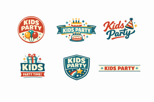 Kids party logo and emblem designs set, creating badges for birthday celebrations and children events