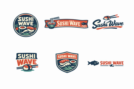 Collection of sushi and japanese food vector logos in a vintage style, featuring nigiri, ramen, chopsticks, and fish icons