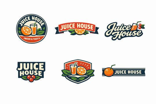 Juice house logo collection offering fresh orange juice, berries, and mint leaf beverage designs for branding