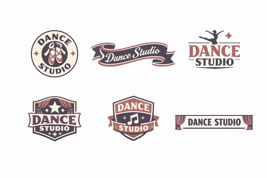 Set of vector dance studio logos featuring classic design elements suitable for ballet schools, performers, and arts organizations