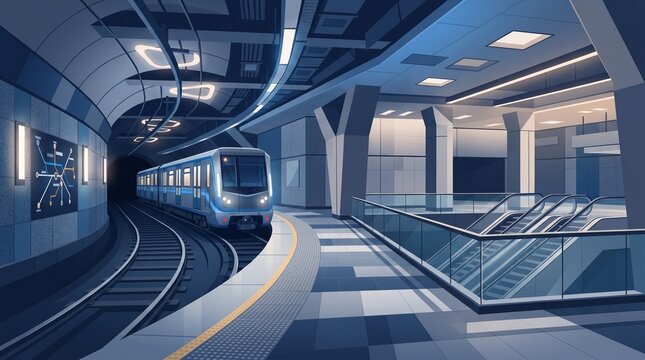 Sleek underground metro train inside a modern station with illuminated tunnel, platform and geometric architecture in a clean flat design style.