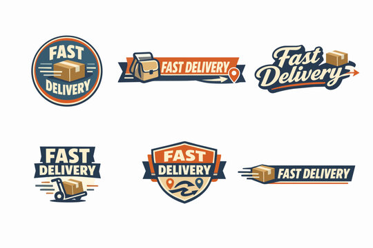 Fast delivery emblems set showcasing shipping, logistics, and express packaging services with vintage style badges