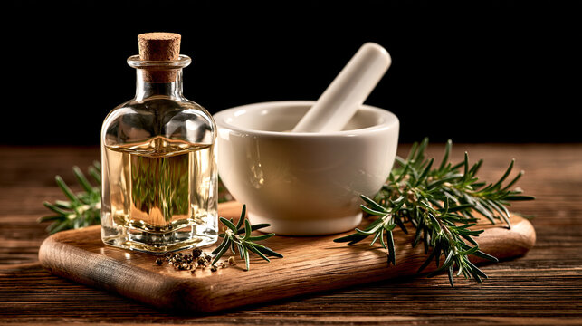 Essential oil bottle with rosemary sprigs and mortar on wooden board glass bottle fresh herbs
