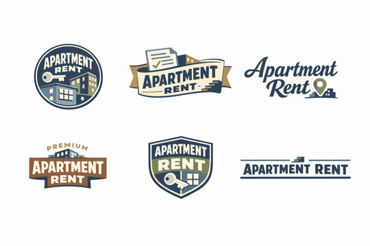 Apartment rent logo collection featuring buildings, keys, pin location, and document icons for real estate business