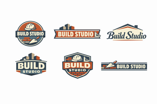 Set of logo designs for construction, architecture, or home improvement companies, using hard hats, trowels, bricks, and building icons