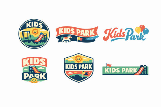 Playground logos, emblems, and badges for kids parks, featuring slides, swings, carousels, and happy sun icons