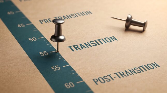 Timeline with pushpins marking pre-transition and post-transition phases