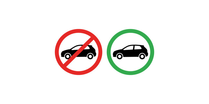 Car forbidden and allowed circular icons in red and green for road signage design.