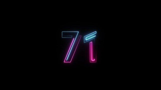 Number 71 in neon style, neon number with transparent background, seventy one