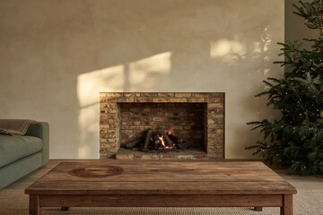 Naklejka premium Empty wooden coffee table with a textured orange top in a cozy living room with a fireplace and Christmas tree, featuring copy space for mockup