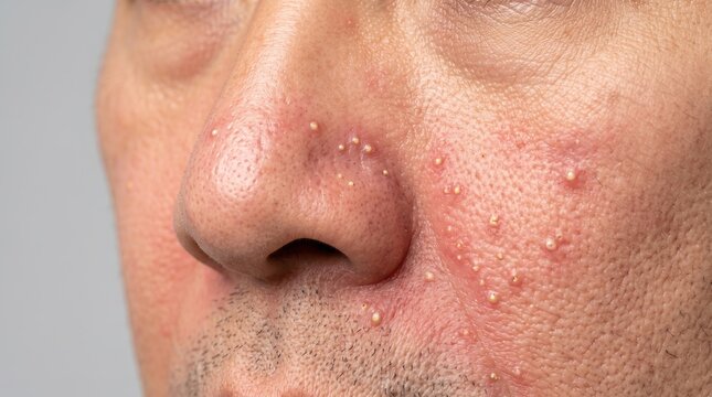 Macro detail of man face with severe rosacea acne pustules and inflamed skin