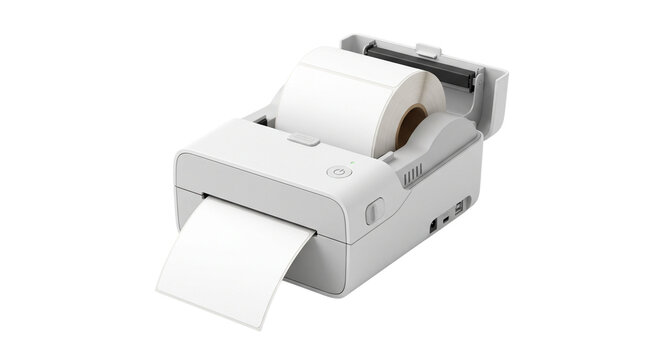 Modern thermal label printer featuring blank paper roll and white plastic casing on isolated background