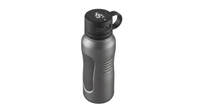 Modern grey stainless steel vacuum insulated water bottle featuring digital temperature display and charging port lid