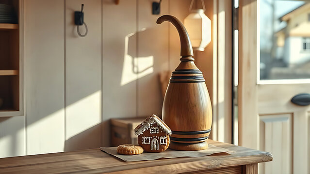 Miniature carved alphorn and gingerbread chalet cookie on wooden counter in delivery depot, warm everyday editorial still life
