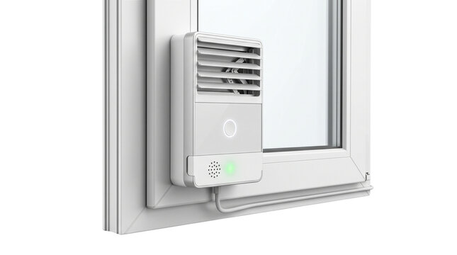 Compact white air purifier device mounted securely onto a modern residential glass window pane frame area