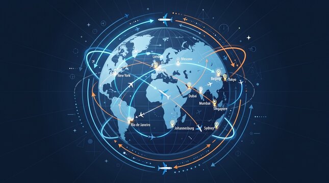 Global Aviation Network with Airplanes Connecting Continents, international flight routes and travel destinations represented in flat vector design