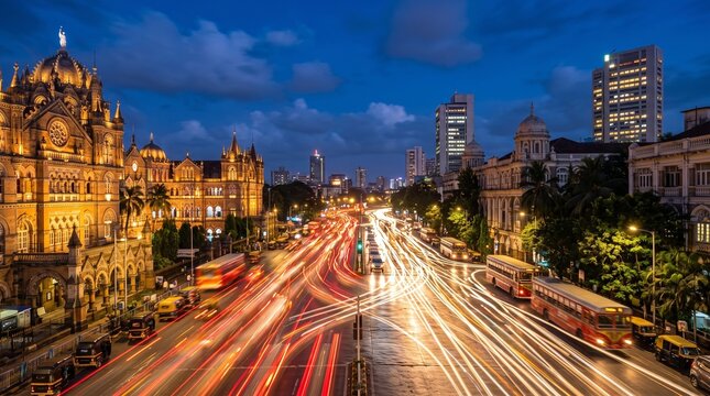 Mumbai Chhatrapati Shivaji Terminus Traffic Trails at Night