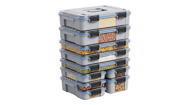 Stacked clear plastic pantry storage containers filled with various dry food staples against white background