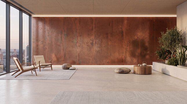 Modern Minimalist Interior with Copper Wall and City View