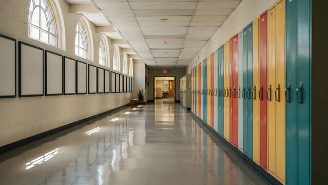 Sunlit school hallway with bulletin boards &ndash; Ideal for school administration banners, back to school, or facility design.