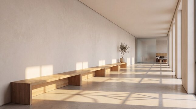 Minimalist Modern Hallway Interior with Wooden Bench