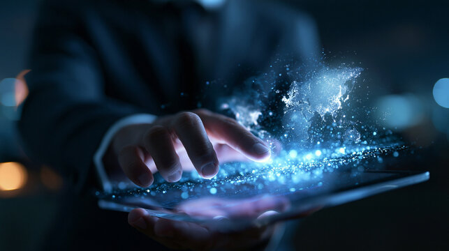 Businessman Touching Futuristic Digital Tablet with Global Network