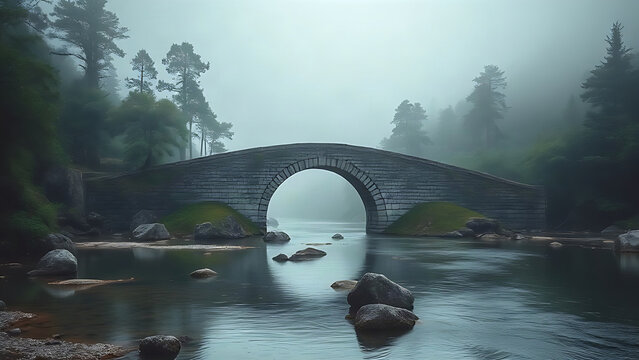 An ancient stone arch bridge over a calm river confluence in a misty forest.
