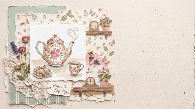 Vintage Scrapbook Collage Background with Teapot and Copy Space