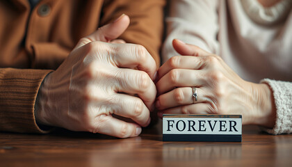 Fototapeta premium Couple holding hands with forever tattoo on fingers showing eternal love and commitment
