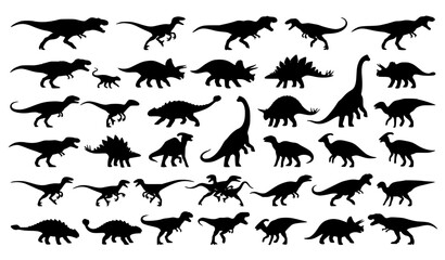 Fototapeta premium Prehistoric Dinosaur Black Silhouette Walking Running Roaring Hunting Vector Set