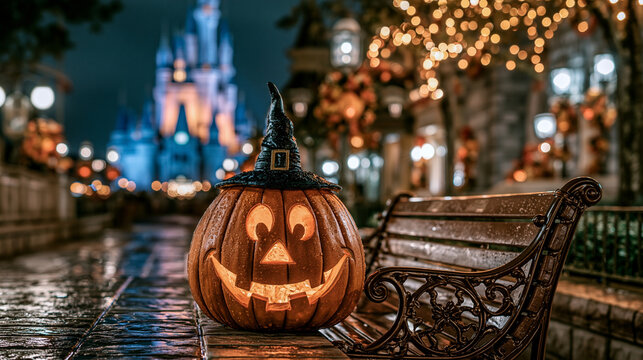 Illuminated carved pumpkin wearing a witch hat on a bench during night halloween celebration
