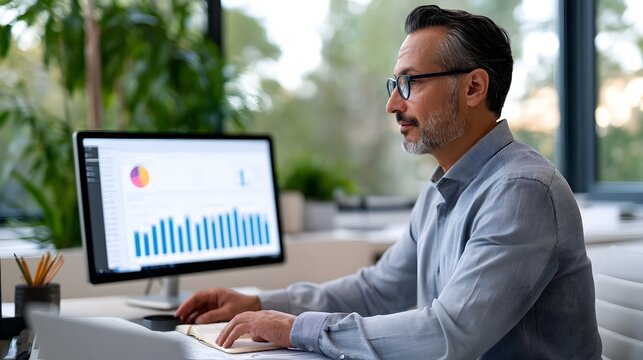 A man with glasses is seated at a desk  focused on a computer screen displaying bar charts and a pie chart