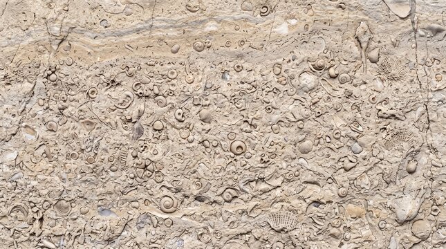 Fossilized Marine Shells Embedded in Limestone Rock Surface