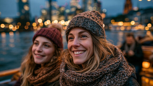 Happy mother and daughter smiling together outdoors wearing warm winter knit hats and scarves