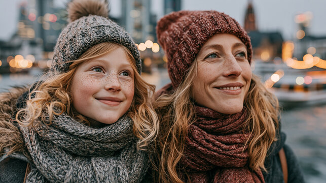 Joyful mother and daughter in winter clothing standing together outdoors during cold day