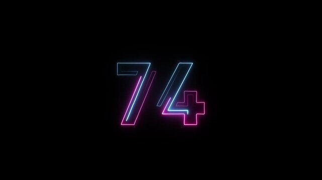 Number 74 in neon style, neon number with transparent background, seventy-four