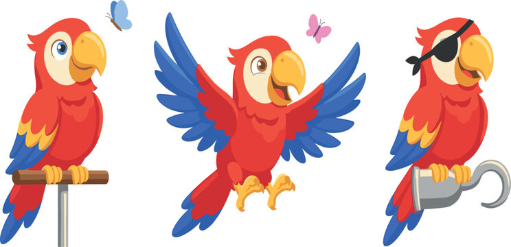 Cute Red Macaw Parrot Vector Character Set with Flying Perching and Pirate Outfits for Kids Educational Book and Nursery Mascot Designs