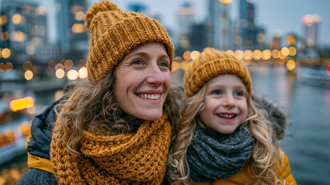 Smiling mother and daughter wearing knitted winter hats and warm scarves near a city river