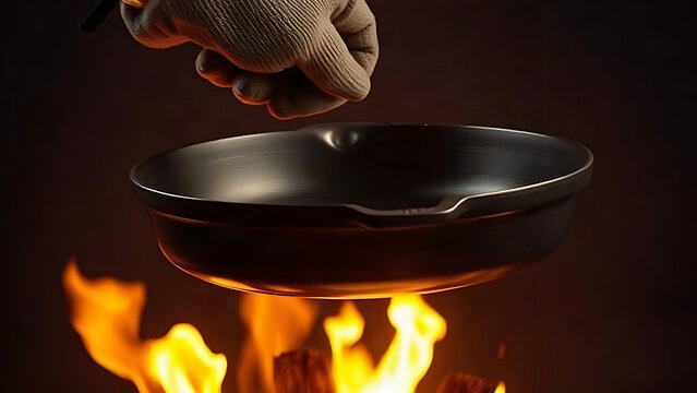 A cast iron skillet being lifted, its bottom reflecting warm firelight.