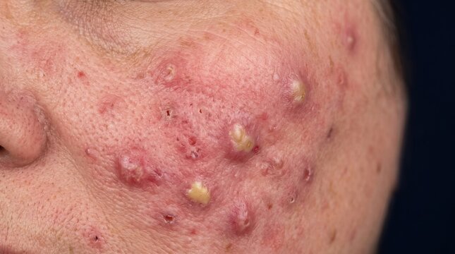 Close up of severe cystic acne and pustules on human cheek, inflamed skin infection and dermatological problem